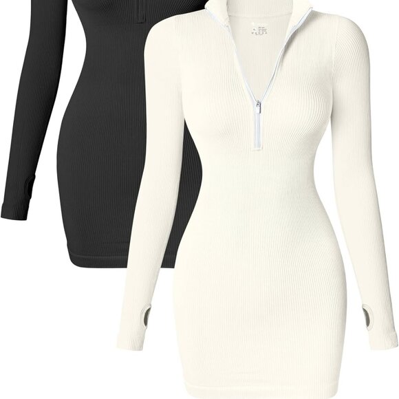 *OQQ* Ribbed Zip Front Long Sleeve Stretch Mini Dresses NWOT - Picture 1 of 5